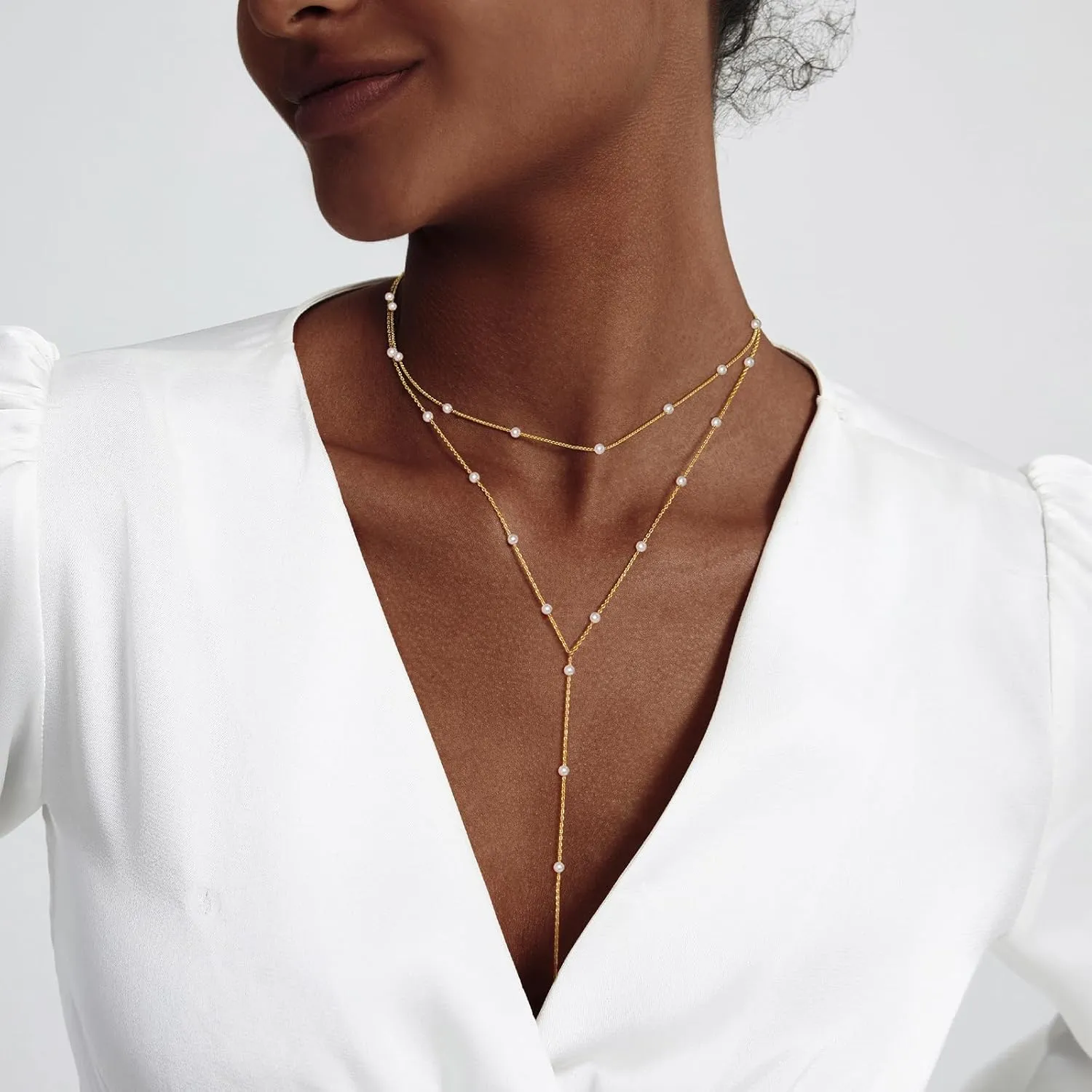 Zeffy Lariat Gold Necklace for Women Dainty Long Pearl Necklace 14k Gold/Silver Plated Layered Pearl/Beaded/CZ Y-Shaped Drop Wedding Stack Necklace Trendy Simple Gold Jewelry Set Gifts