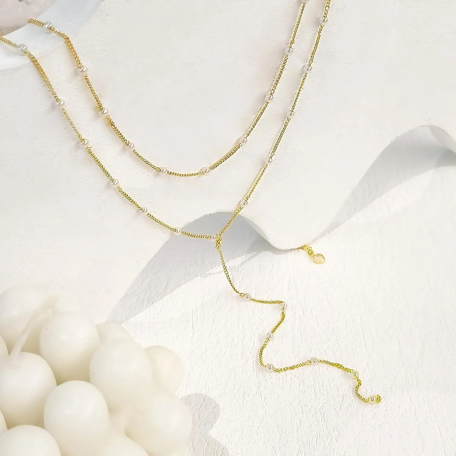 Zeffy Lariat Gold Necklace for Women Dainty Long Pearl Necklace 14k Gold/Silver Plated Layered Pearl/Beaded/CZ Y-Shaped Drop Wedding Stack Necklace Trendy Simple Gold Jewelry Set Gifts