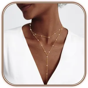 Zeffy Lariat Gold Necklace for Women Dainty Long Pearl Necklace 14k Gold/Silver Plated Layered Pearl/Beaded/CZ Y-Shaped Drop Wedding Stack Necklace Trendy Simple Gold Jewelry Set Gifts