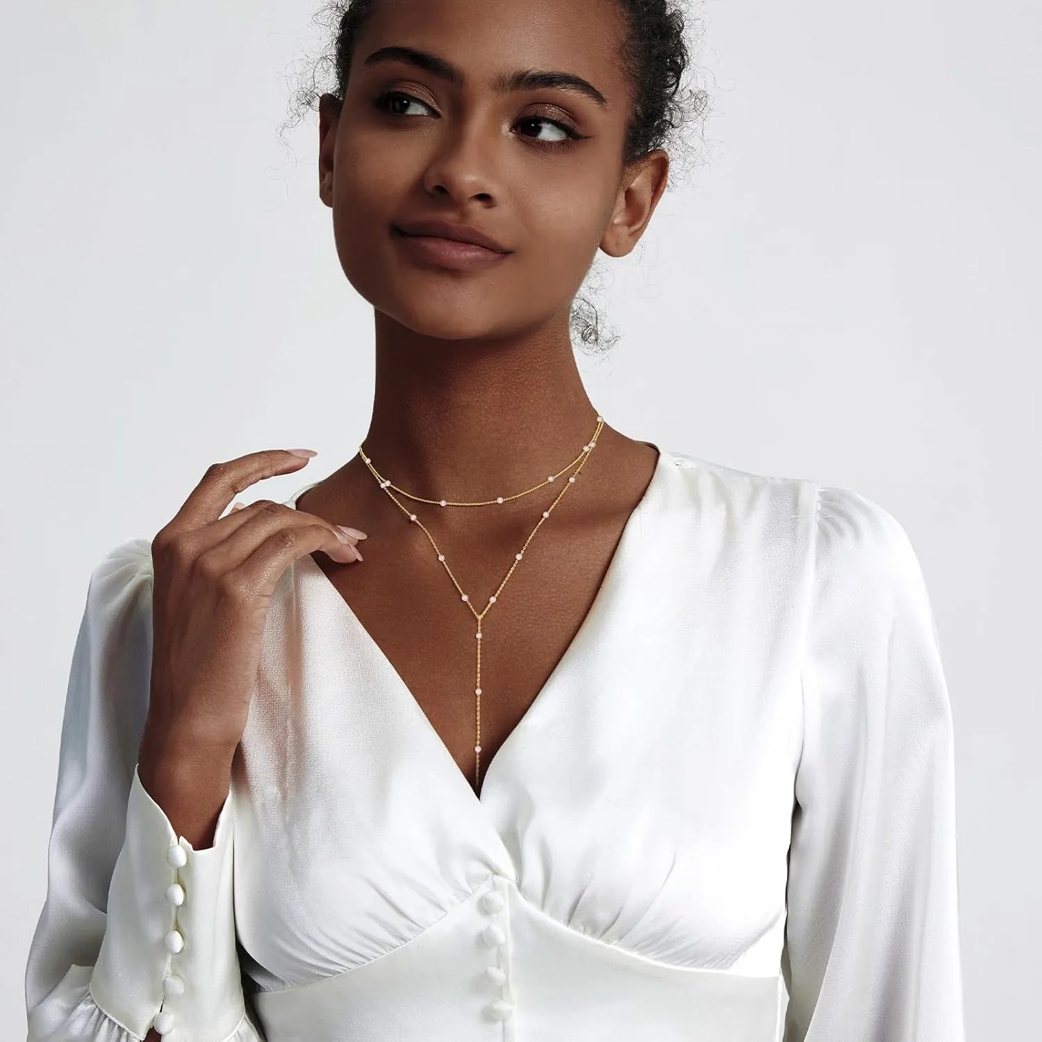 Zeffy Lariat Gold Necklace for Women Dainty Long Pearl Necklace 14k Gold/Silver Plated Layered Pearl/Beaded/CZ Y-Shaped Drop Wedding Stack Necklace Trendy Simple Gold Jewelry Set Gifts