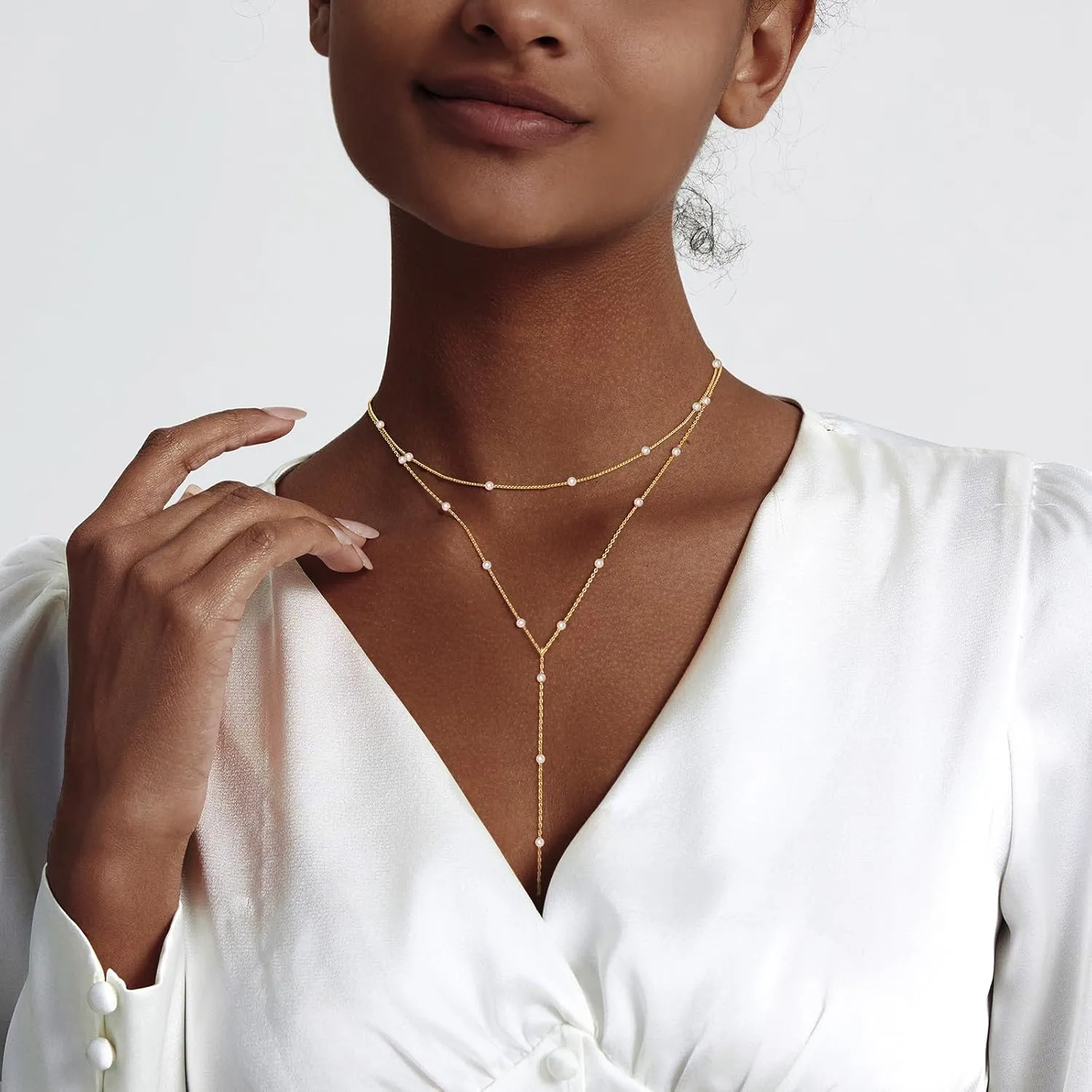 Zeffy Lariat Gold Necklace for Women Dainty Long Pearl Necklace 14k Gold/Silver Plated Layered Pearl/Beaded/CZ Y-Shaped Drop Wedding Stack Necklace Trendy Simple Gold Jewelry Set Gifts