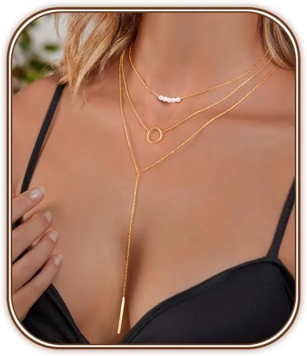 Zeffy Lariat Gold Necklace for Women Dainty Long Pearl Necklace 14k Gold/Silver Plated Layered Pearl/Beaded/CZ Y-Shaped Drop Wedding Stack Necklace Trendy Simple Gold Jewelry Set Gifts