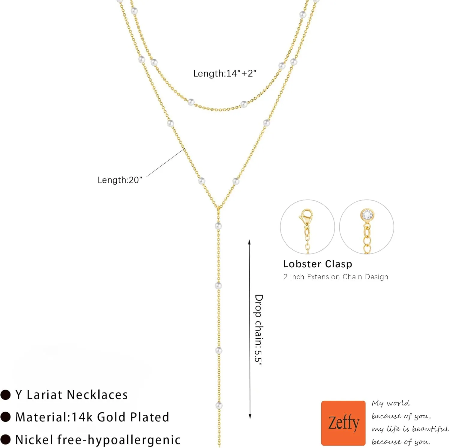 Zeffy Lariat Gold Necklace for Women Dainty Long Pearl Necklace 14k Gold/Silver Plated Layered Pearl/Beaded/CZ Y-Shaped Drop Wedding Stack Necklace Trendy Simple Gold Jewelry Set Gifts