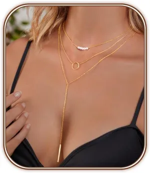 Zeffy Lariat Gold Necklace for Women Dainty Long Pearl Necklace 14k Gold/Silver Plated Layered Pearl/Beaded/CZ Y-Shaped Drop Wedding Stack Necklace Trendy Simple Gold Jewelry Set Gifts