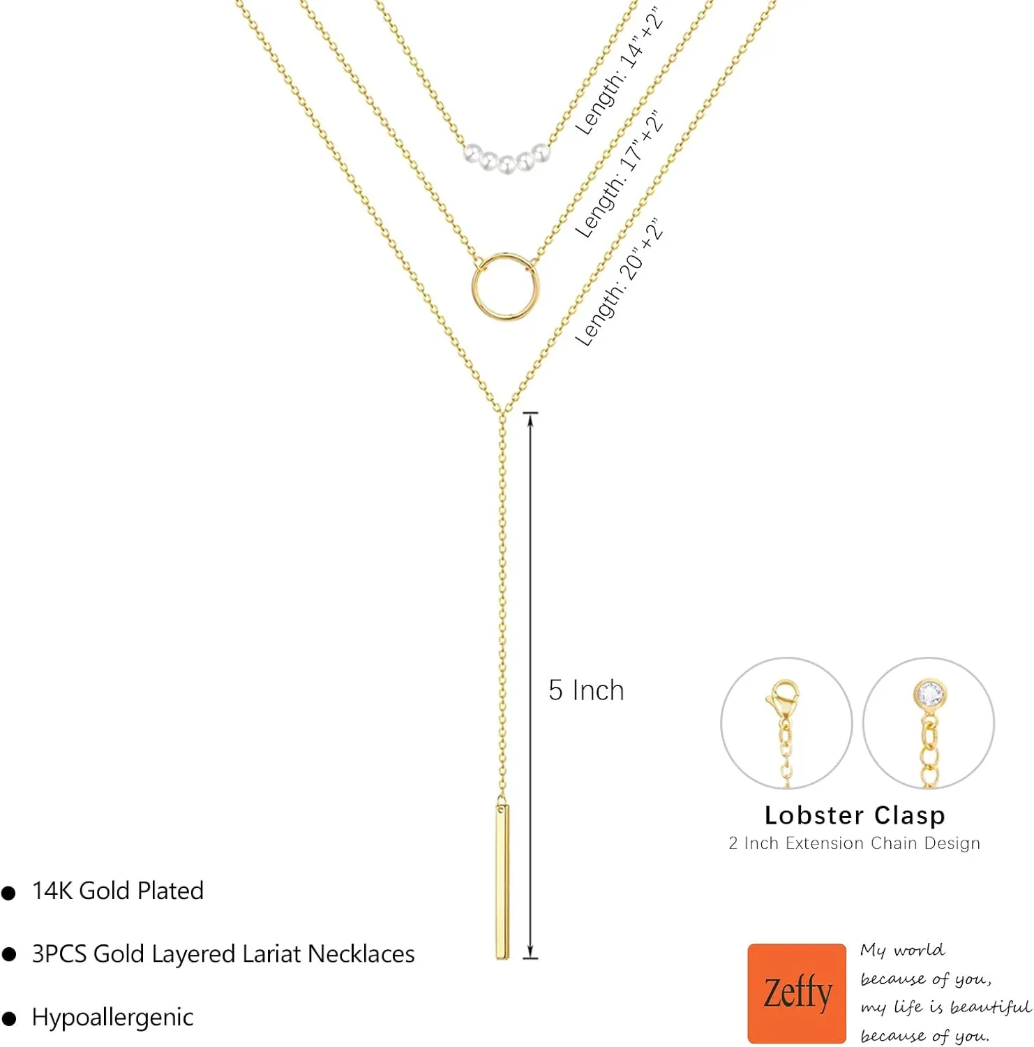 Zeffy Lariat Gold Necklace for Women Dainty Long Pearl Necklace 14k Gold/Silver Plated Layered Pearl/Beaded/CZ Y-Shaped Drop Wedding Stack Necklace Trendy Simple Gold Jewelry Set Gifts
